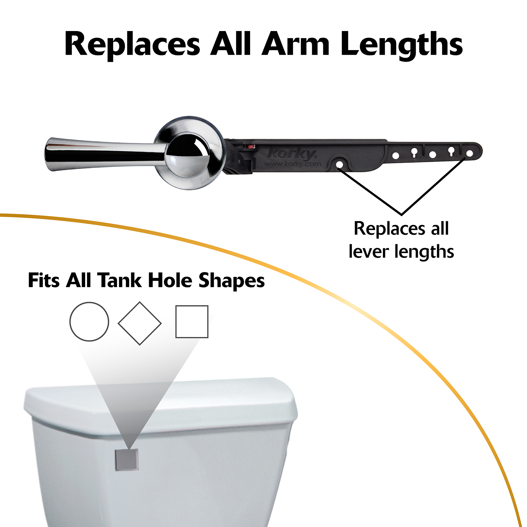 Korky chrome flush handle replaces all arm lengths and fits all tank hole shapes