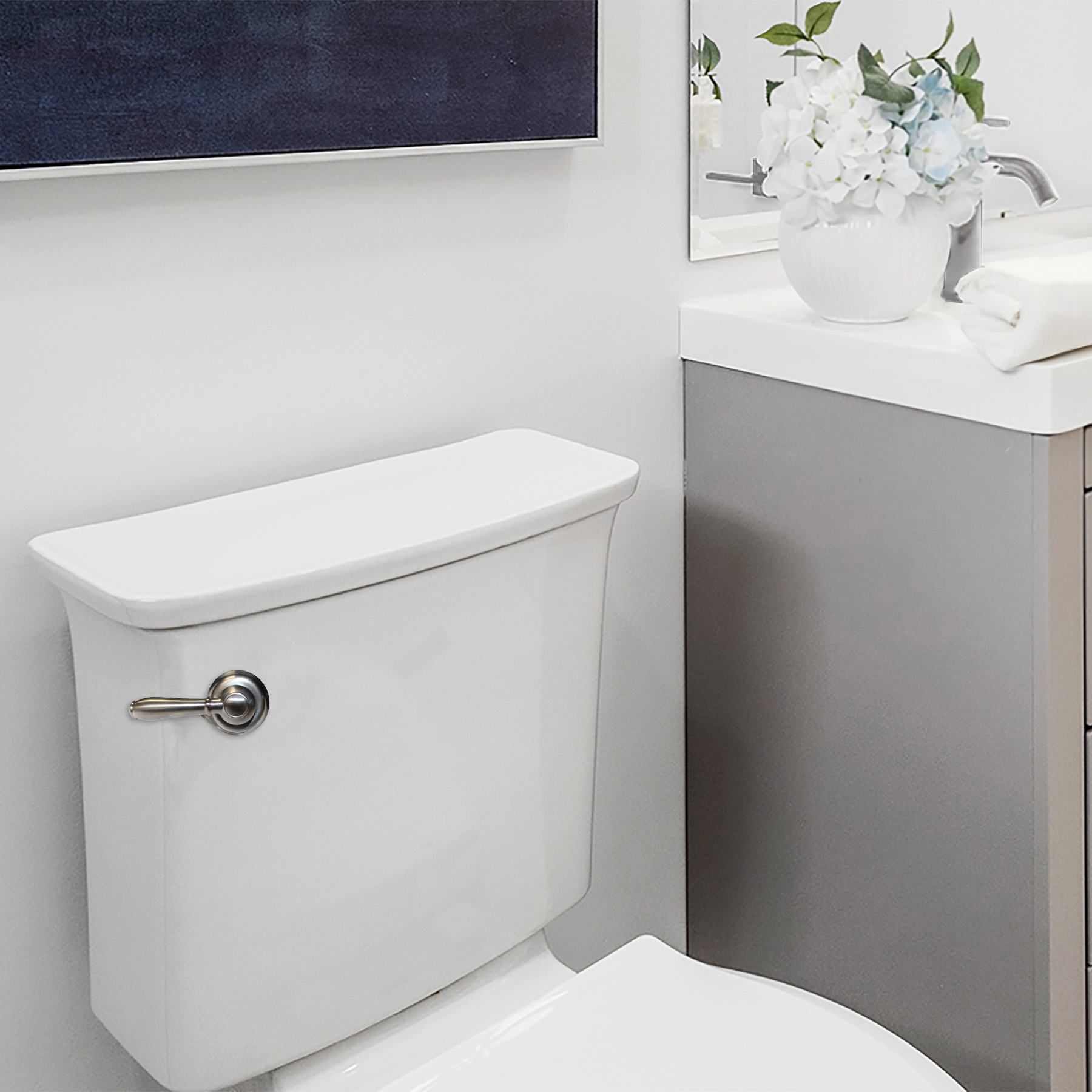 Faucet brushed nickel toilet flush handle shown in a bathroom