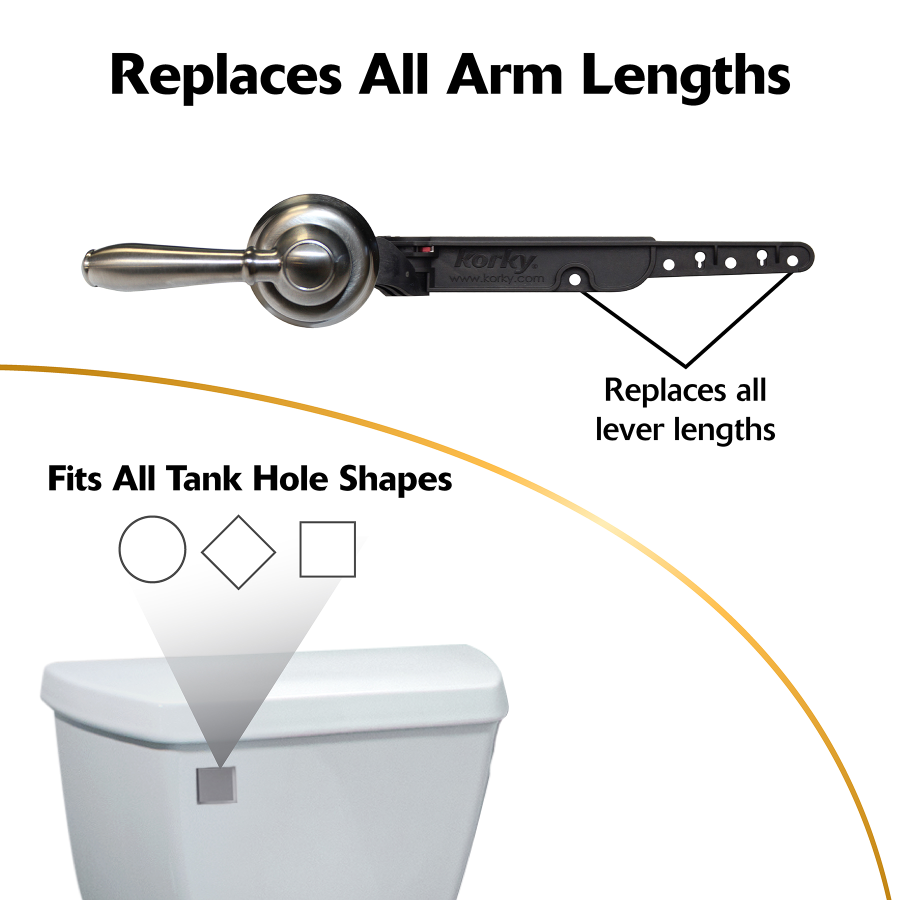 The Korky faucet brushed nickel toilet handle replaces all arm lengths and fits all tank hole shapes