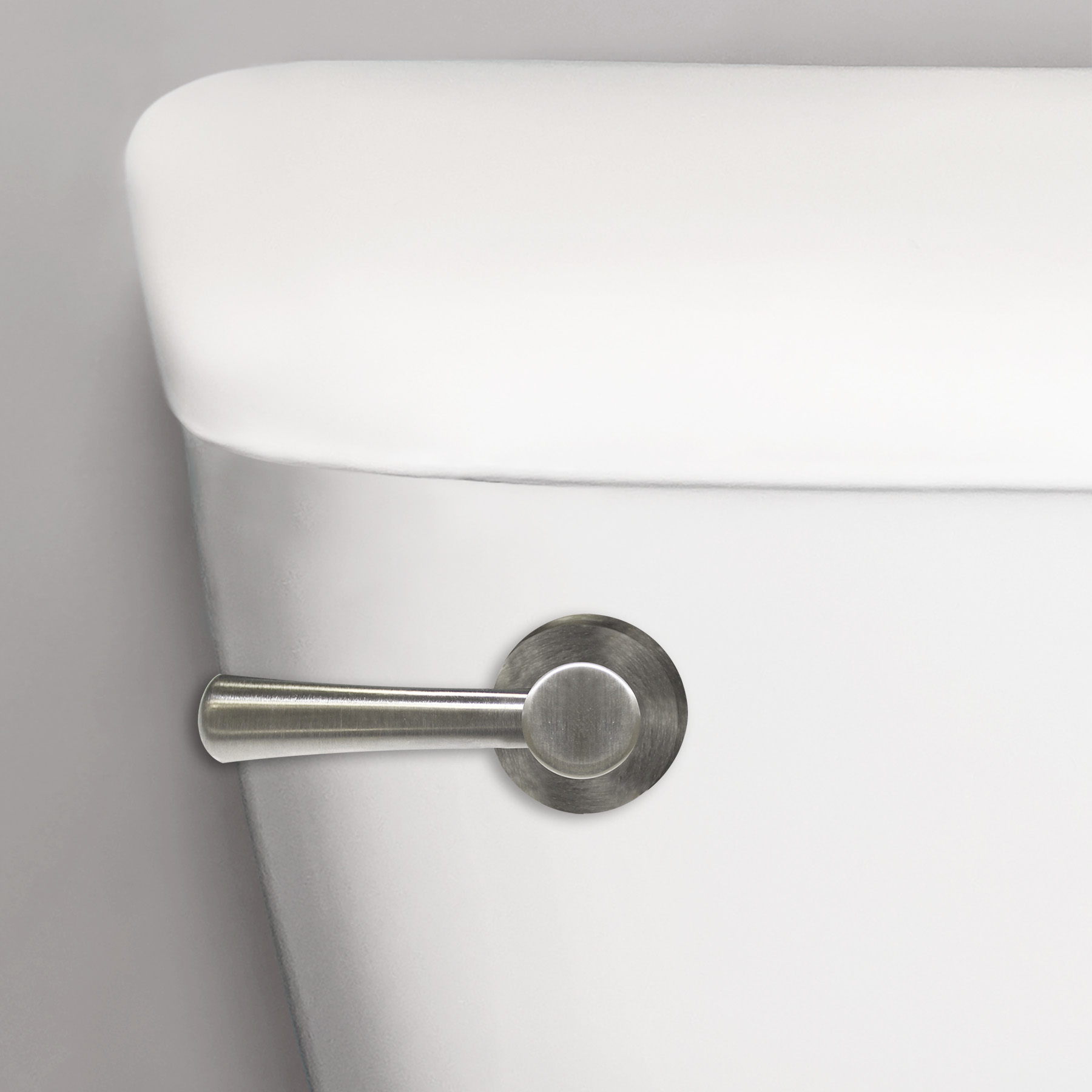 Brushed Nickel toilet handle on tank