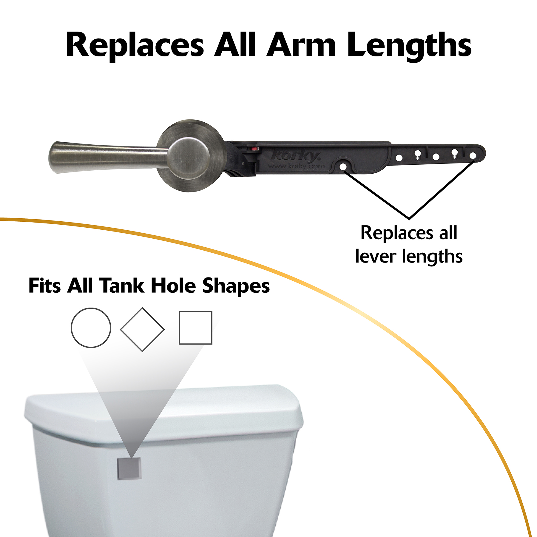 Korky StrongARM levers replace all arm lengths and fit all toilet tank hole shapes