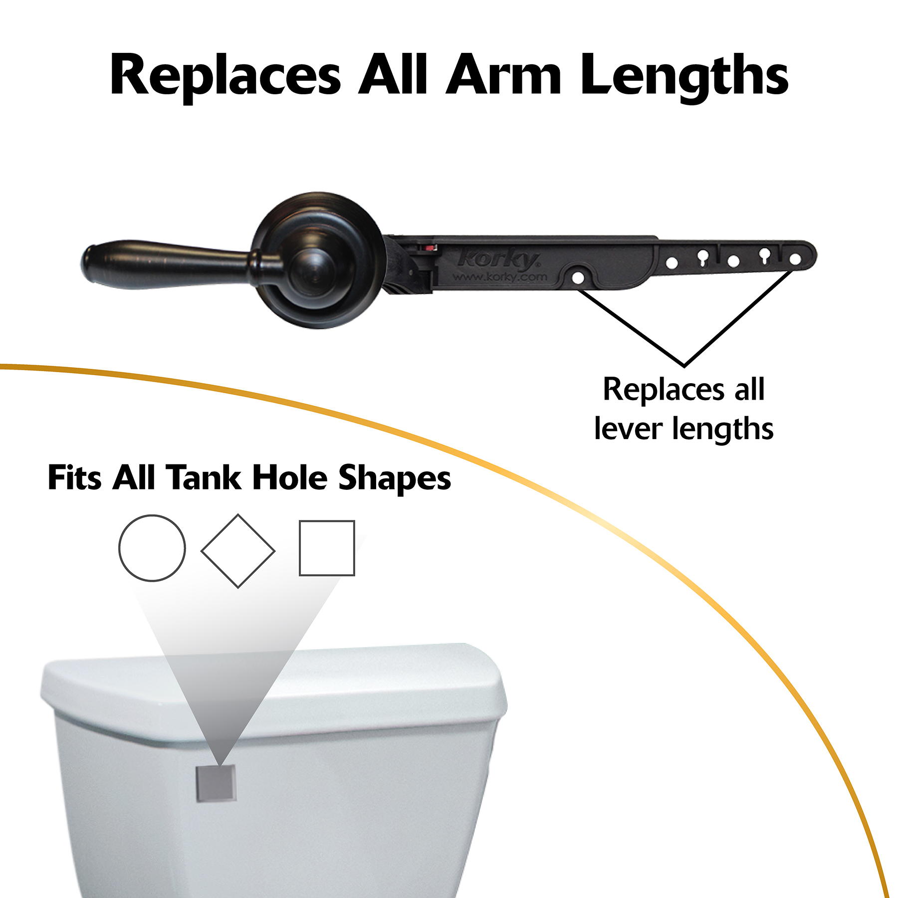 The Korky oil rubbed bronze toilet handle replaces all arm lengths and fits all toilet tank hole shapes