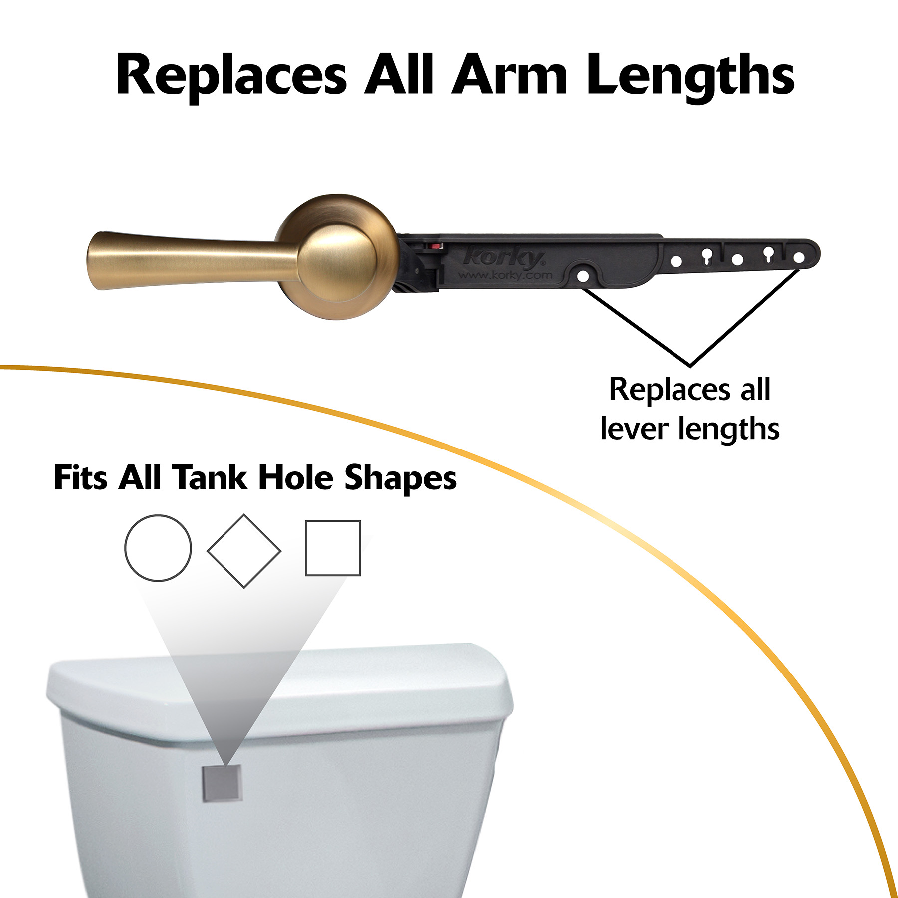 Brushed gold toilet handle replaces all arm lengths and fits all tank hole shapes