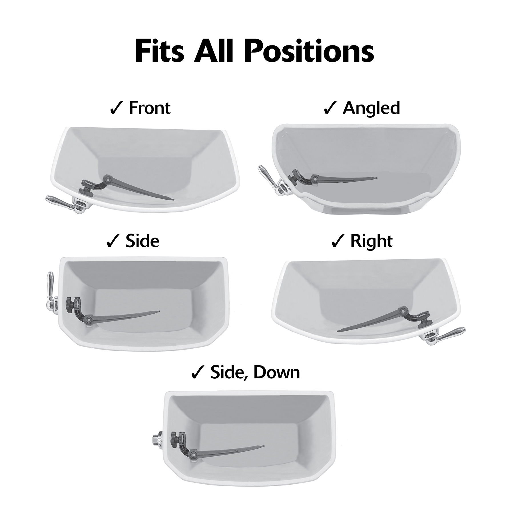 The Korky StrongARM lever fits all tank positions