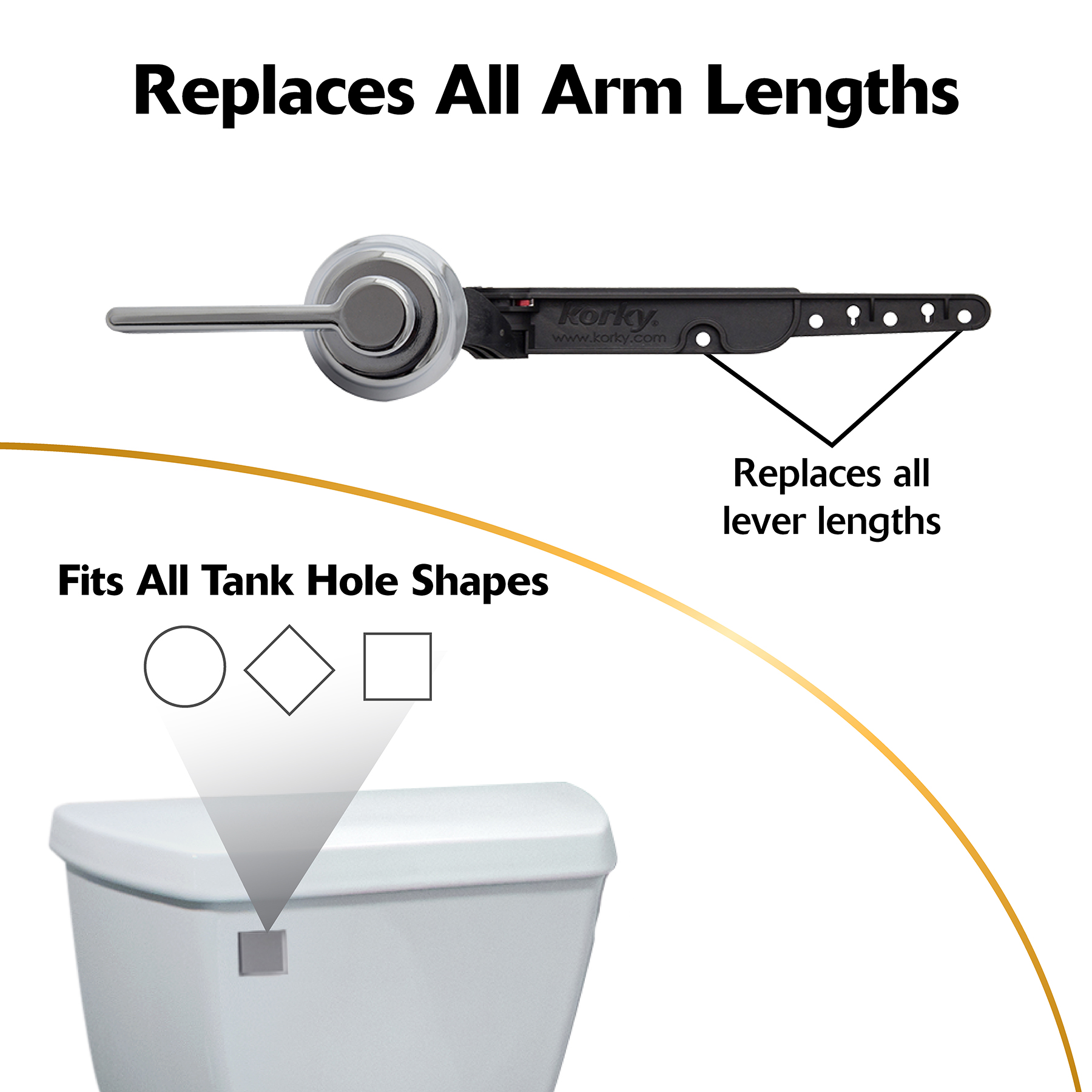 Classic chrome toilet lever replaces all arm lengths and fits all tank hole shapes