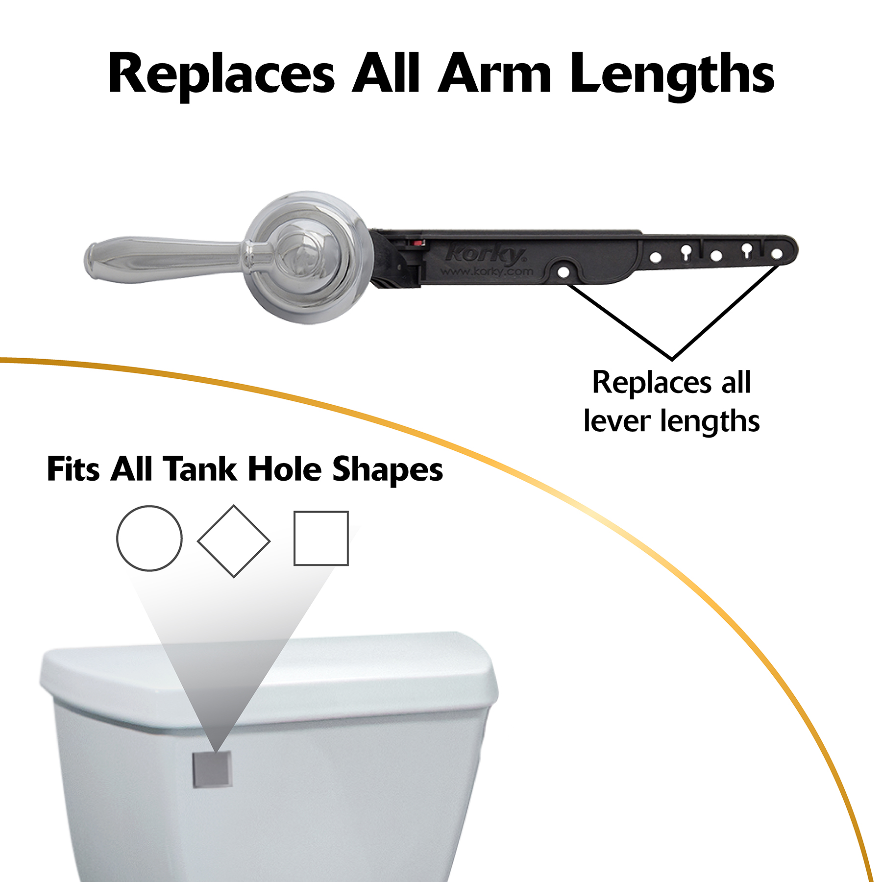 Korky StrongARM levers replace all arm lengths and fit all toilet tank hole shapes