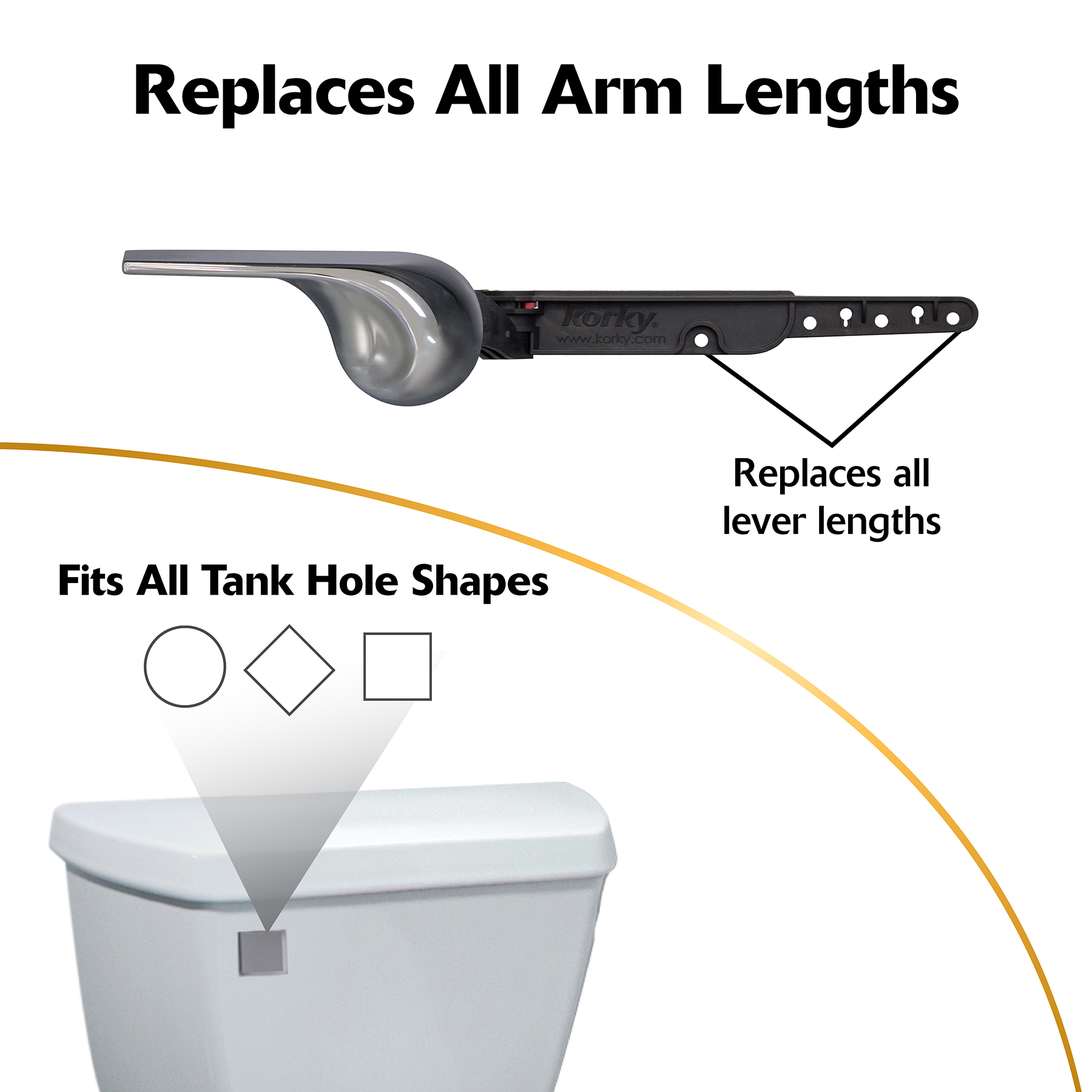 Chrome wave style toilet handle replaces all arm lengths and fits all toilet tank hole shapes