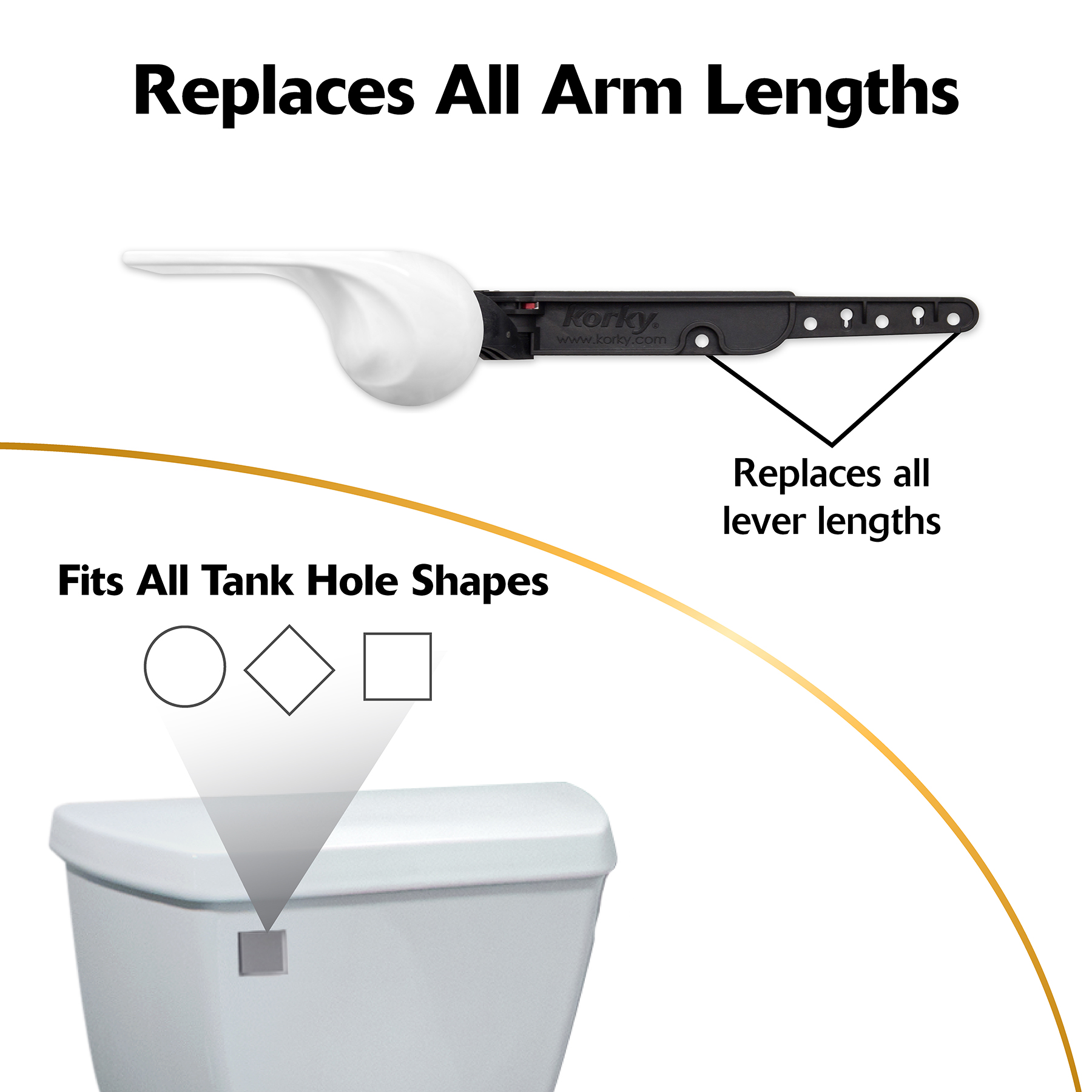 White wave style toilet handle replaces all arm lengths and fits all tank hole shapes