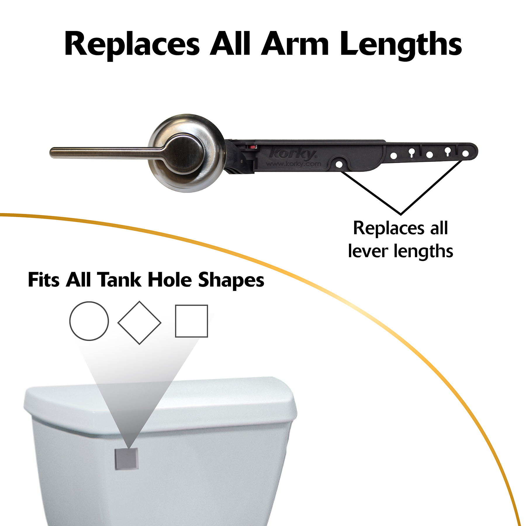 Classic brushed nickel toilet lever replaces all arm lengths and fits all tank hole shapes