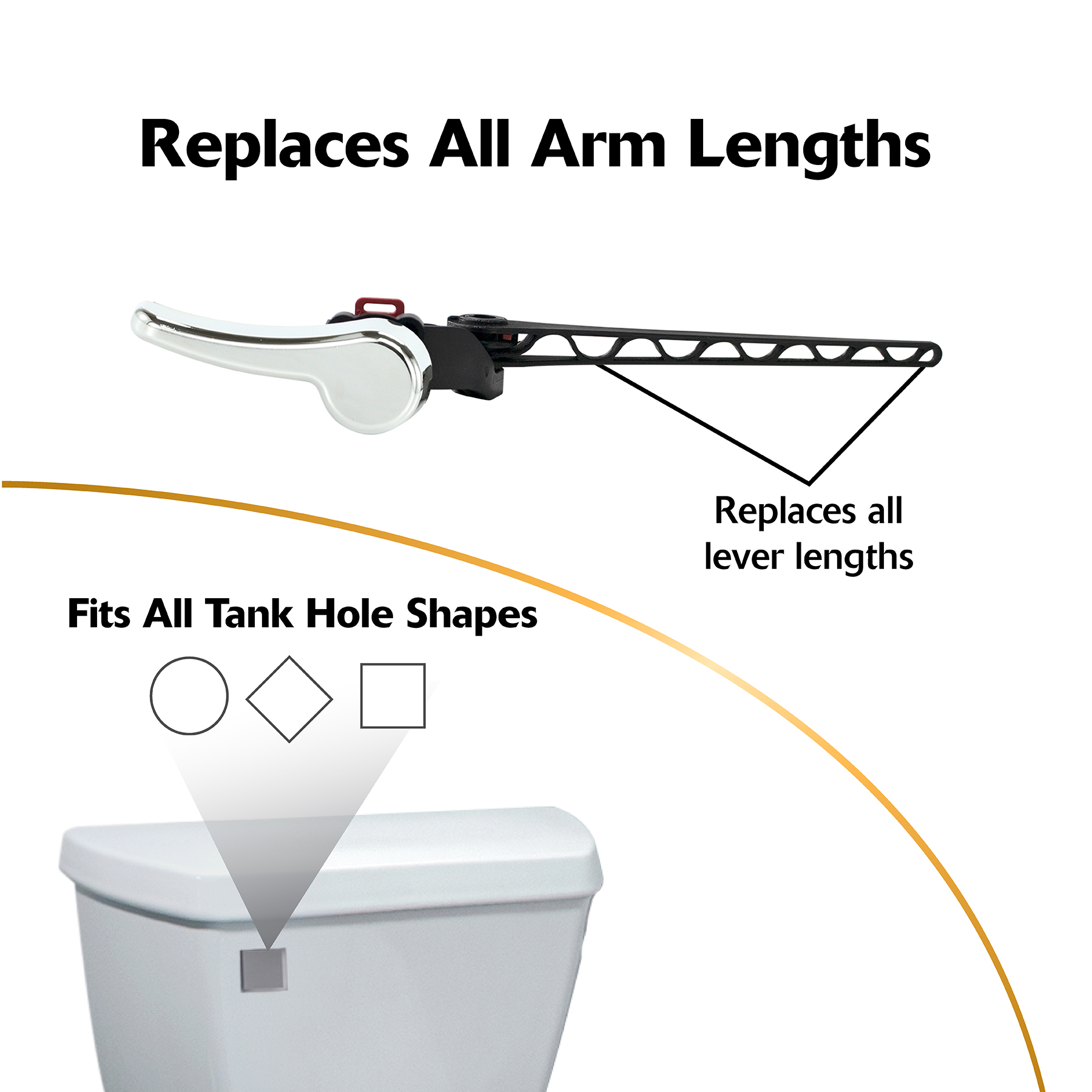 Chrome toilet flush handle replaces all arm lengths and fits all tank hole shapes