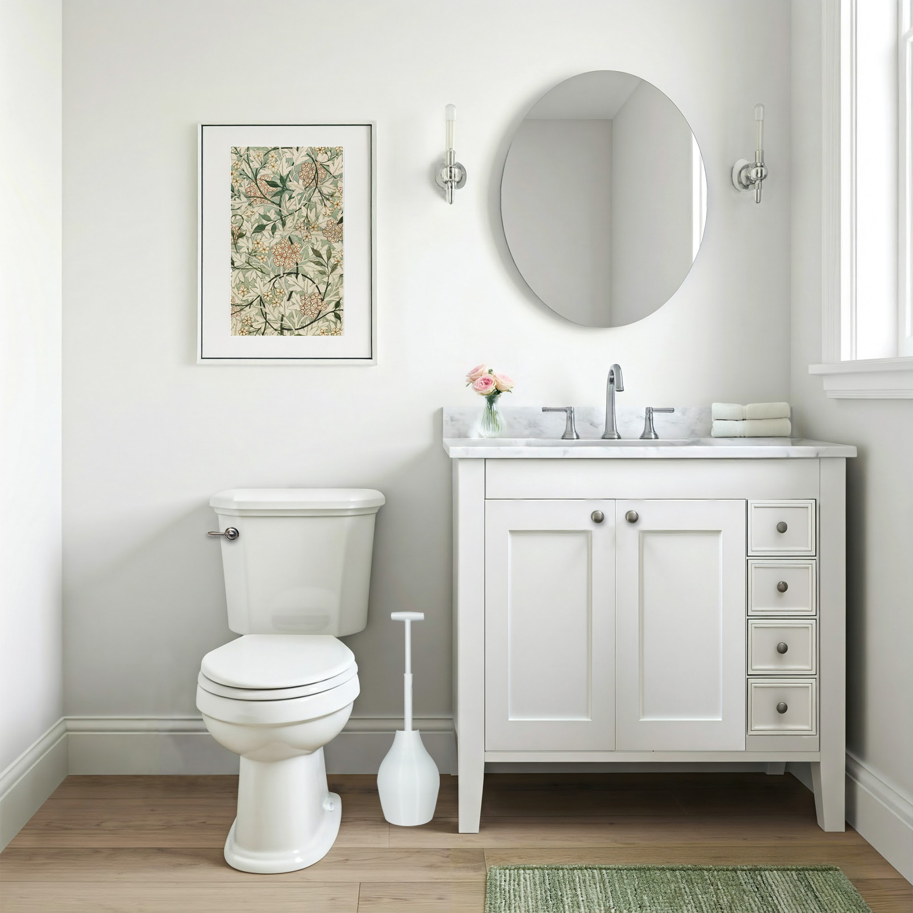 this image shows the beehive hideaway plunger in between a toilet and vanity