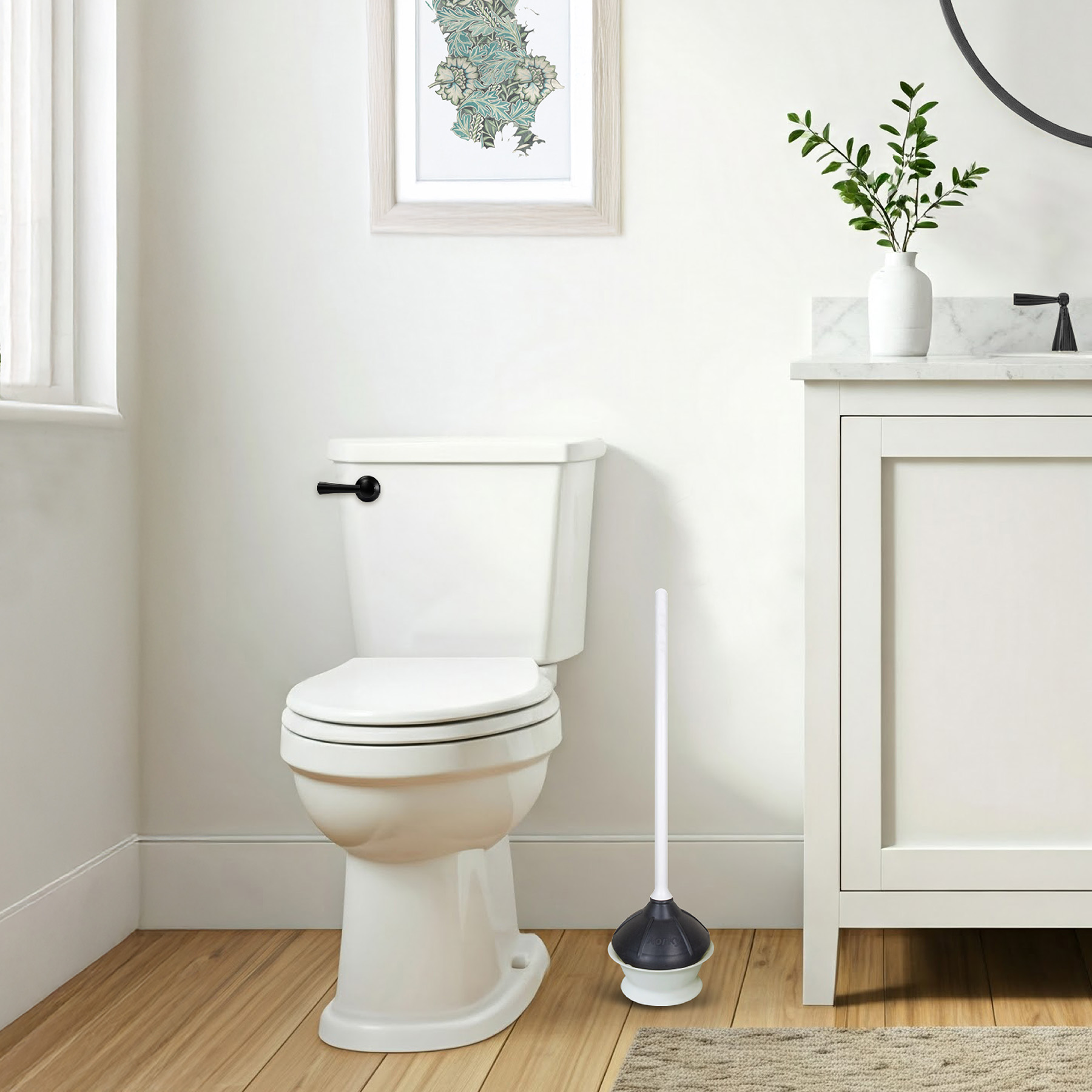 this image shows the toilet plunger and drip tray in a bathroom