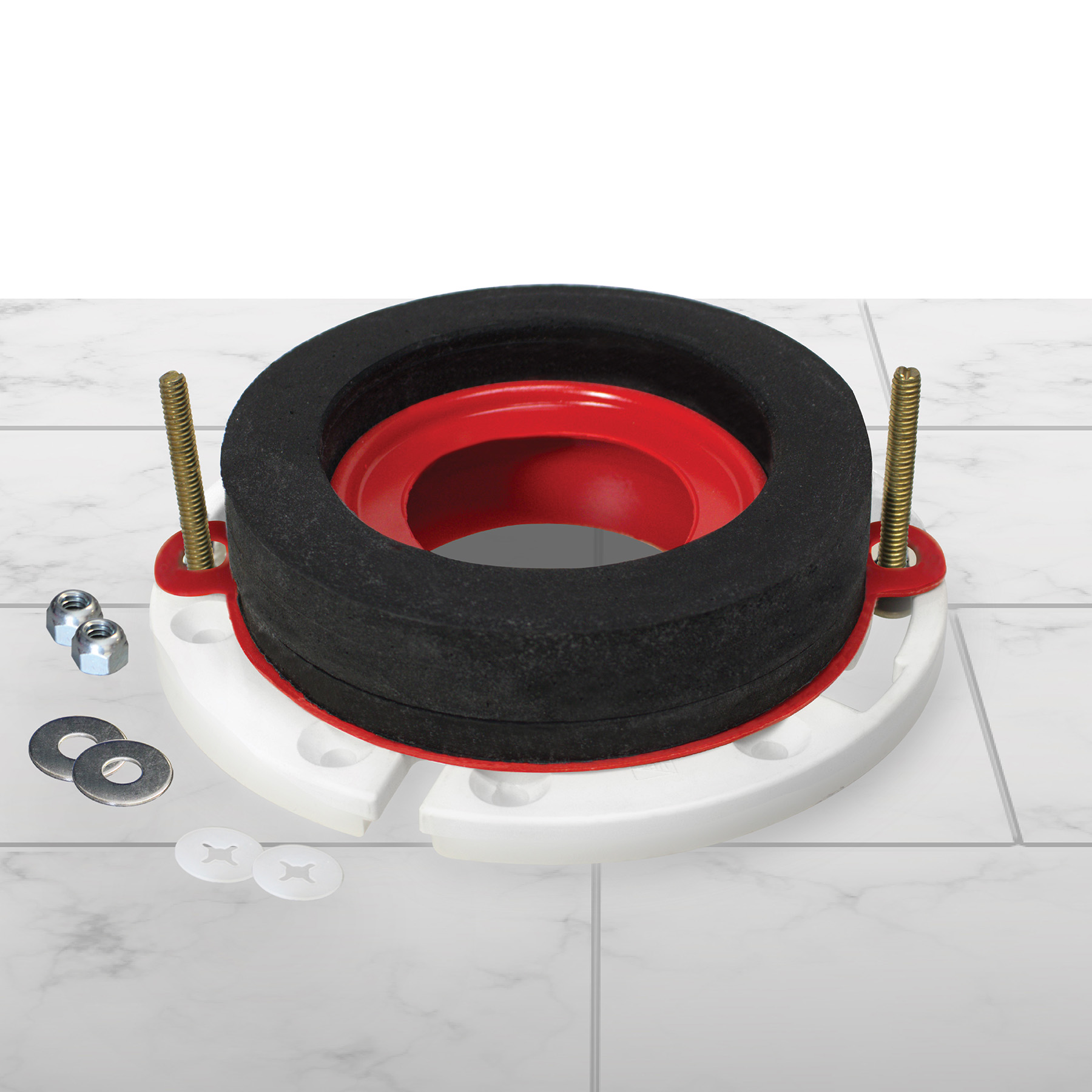 this image shows the wax free seal sitting on a toilet flange before installation