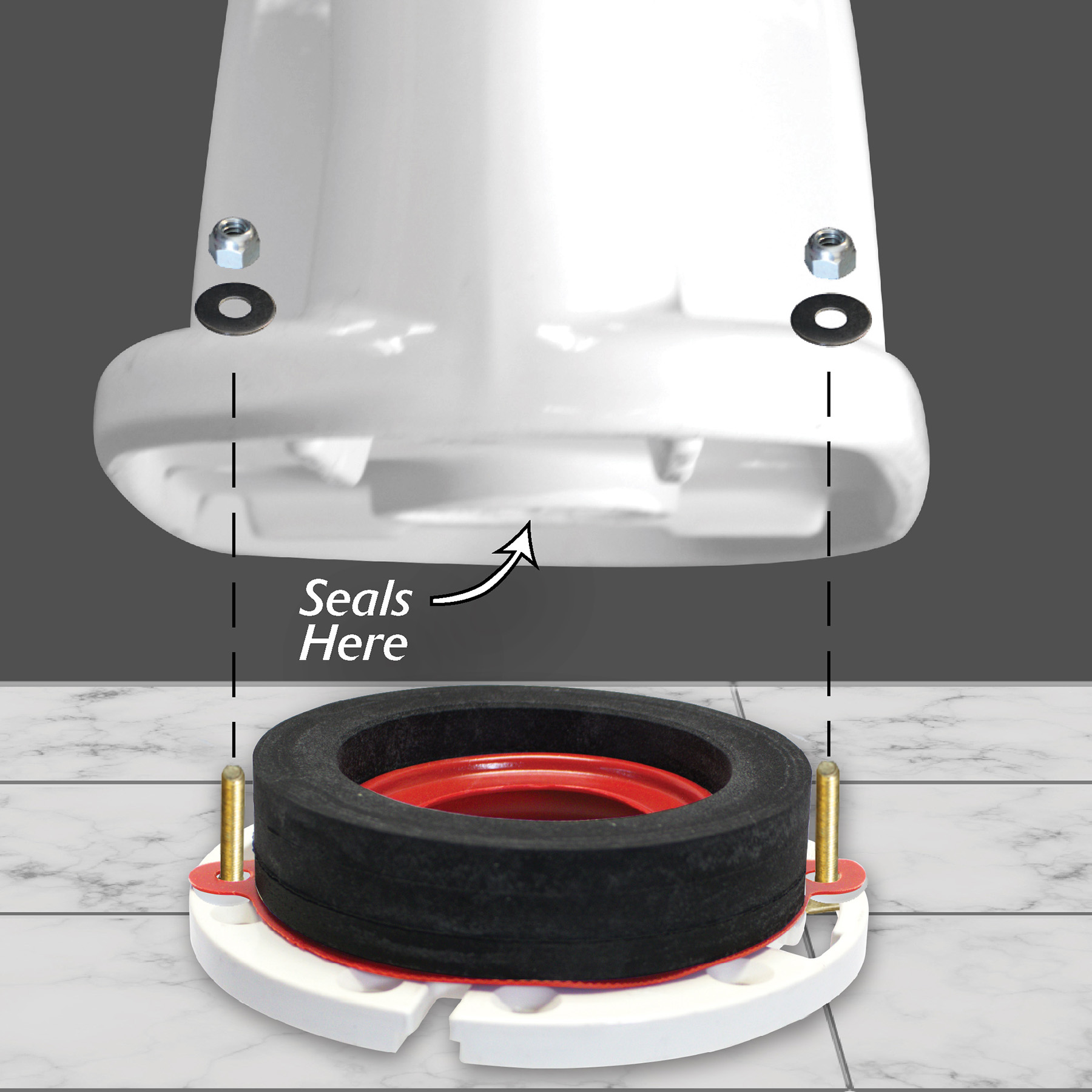 this image shows how the toilet seals to a wax free seal