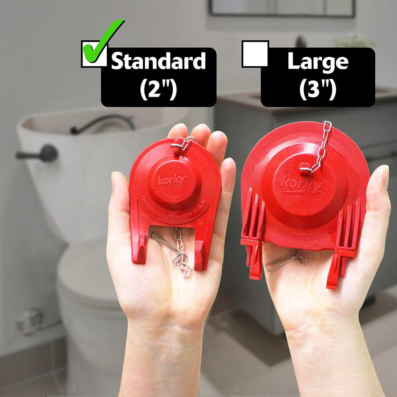 this image shows the difference between a standard 2-inch and large 3-inch toilet flapper