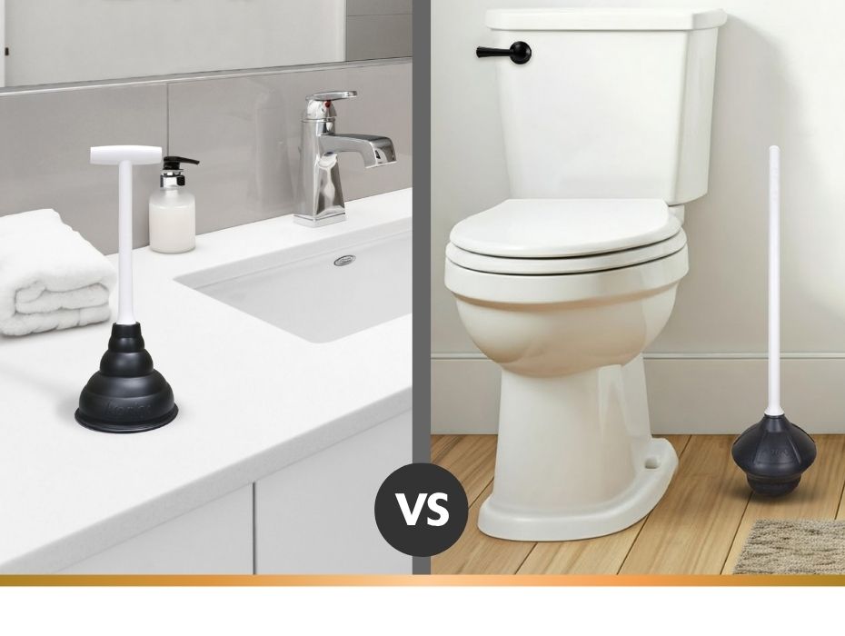 this image shows the difference between a sink plunger and a toilet plunger