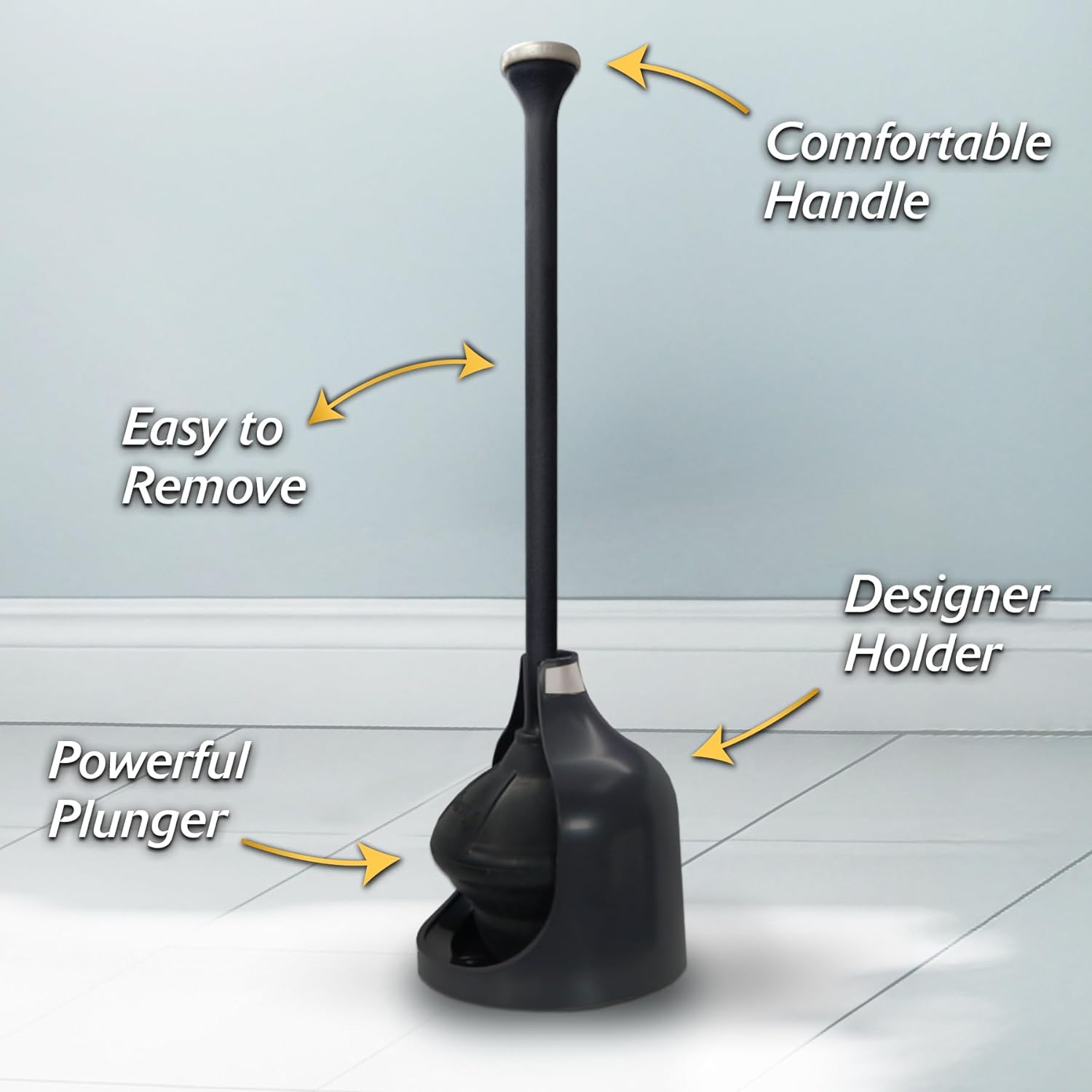 this image shows the features and benefits of the designer plunger and holder