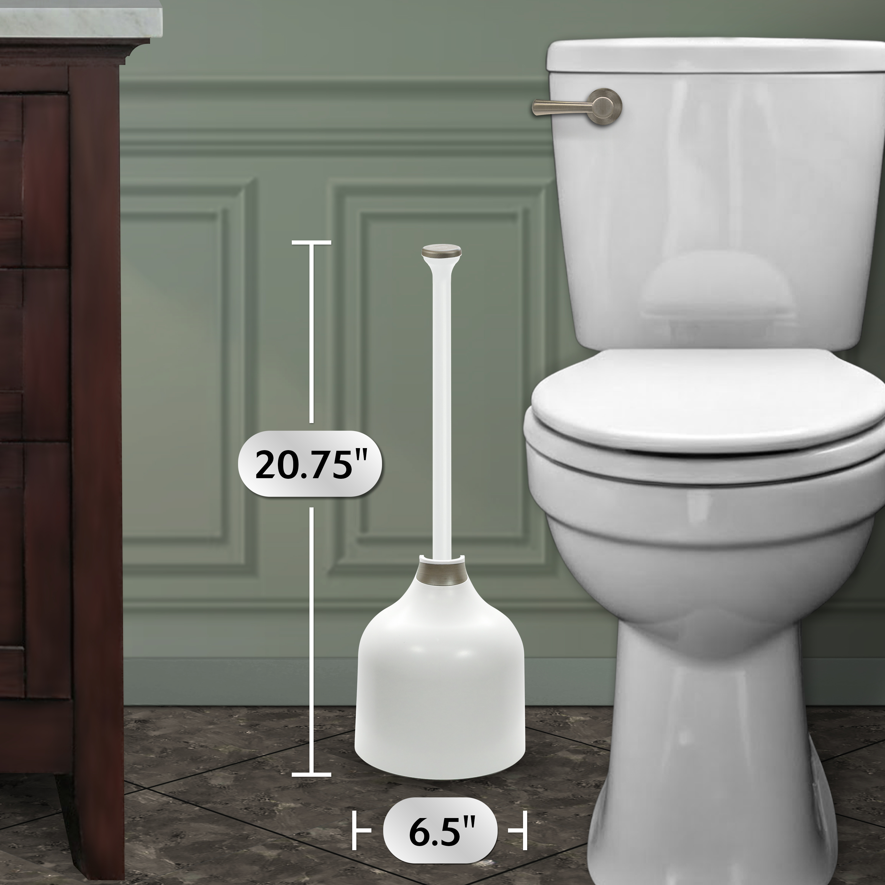 the desinger plunger is 20.75 inches tall and 6.5 inches wide