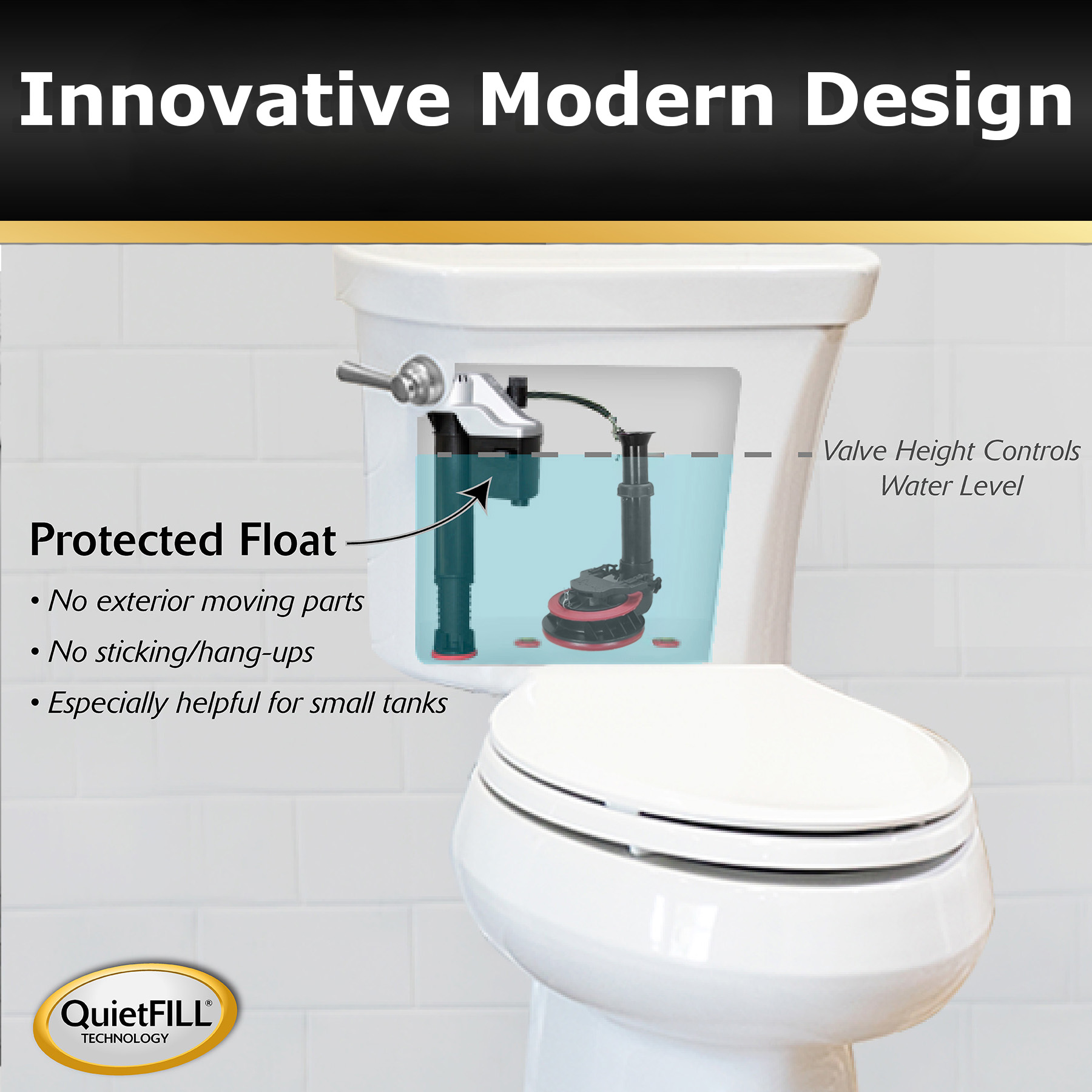 the quietfill fill valve has a protected float that controls the water level in the tank