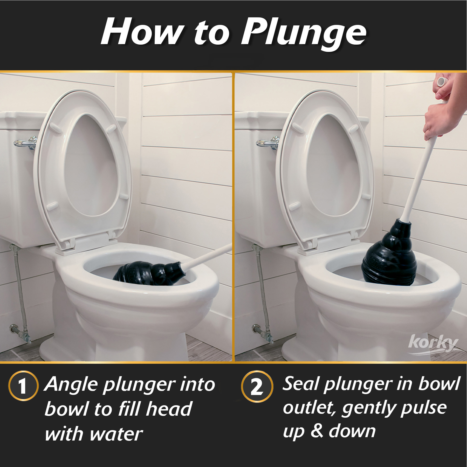 this image shows how to plunge a toilet correctly by letting the plunger head full with water first