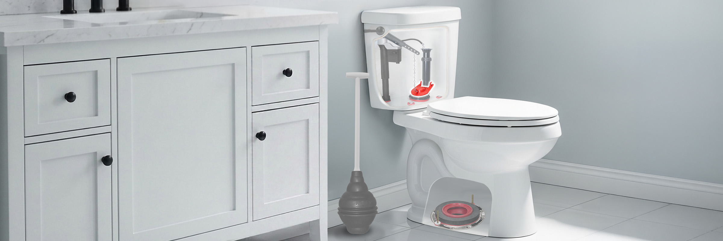 this image shows what a toilet flapper is inside of a toilet tank