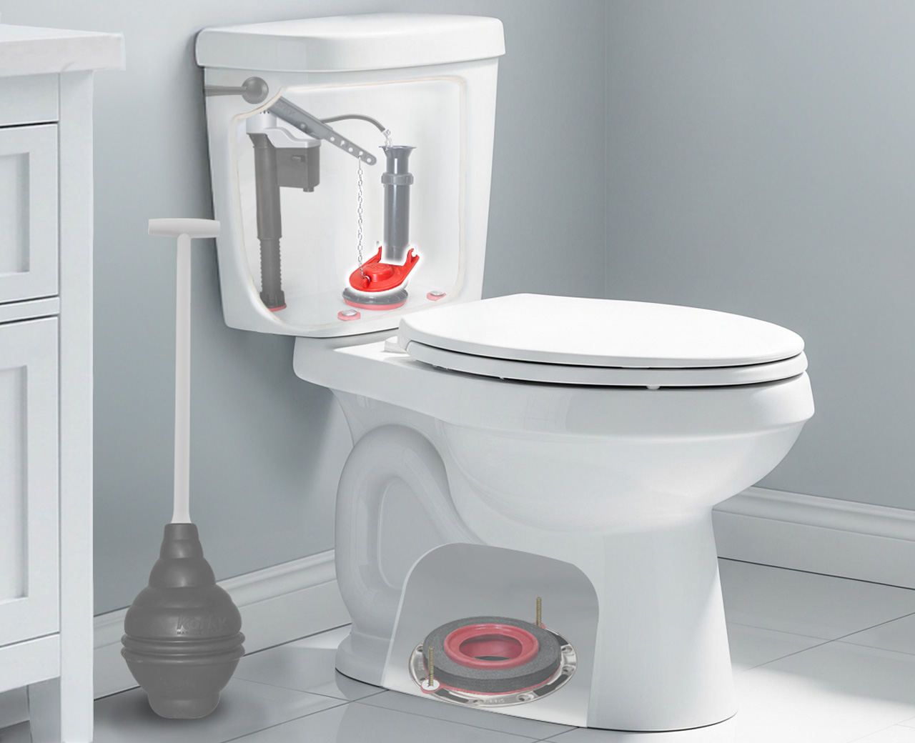 this image shows what a flapper is inside of a toilet tank