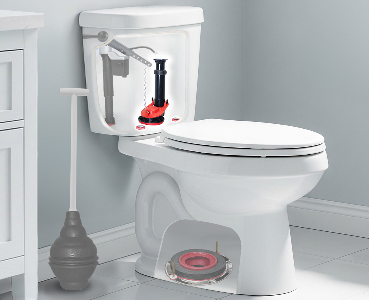 this image shows what a flush valve looks like inside a toilet tank