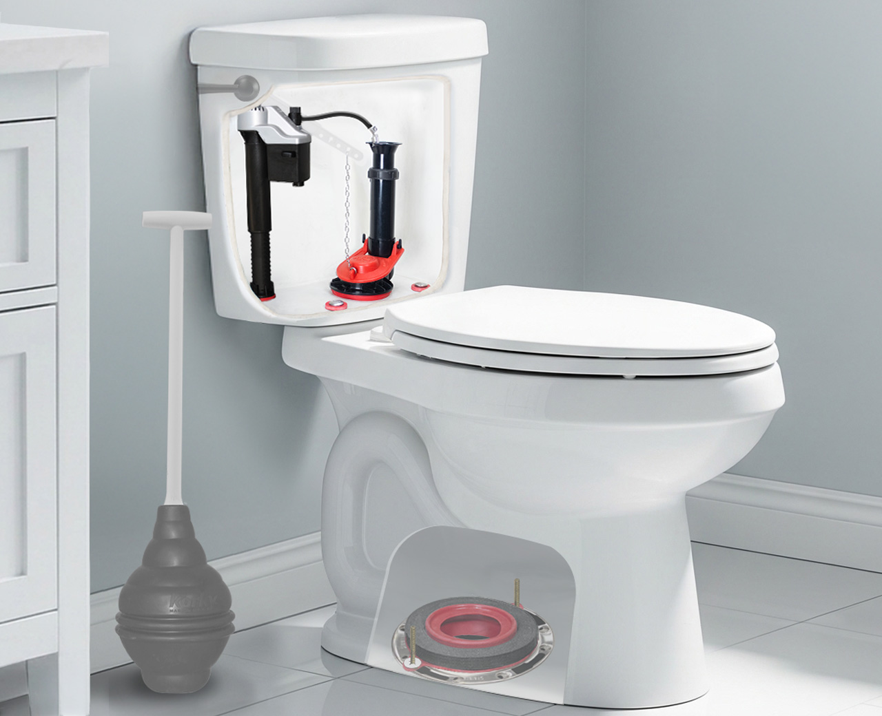 this image shows what components are included in a toilet repair kit