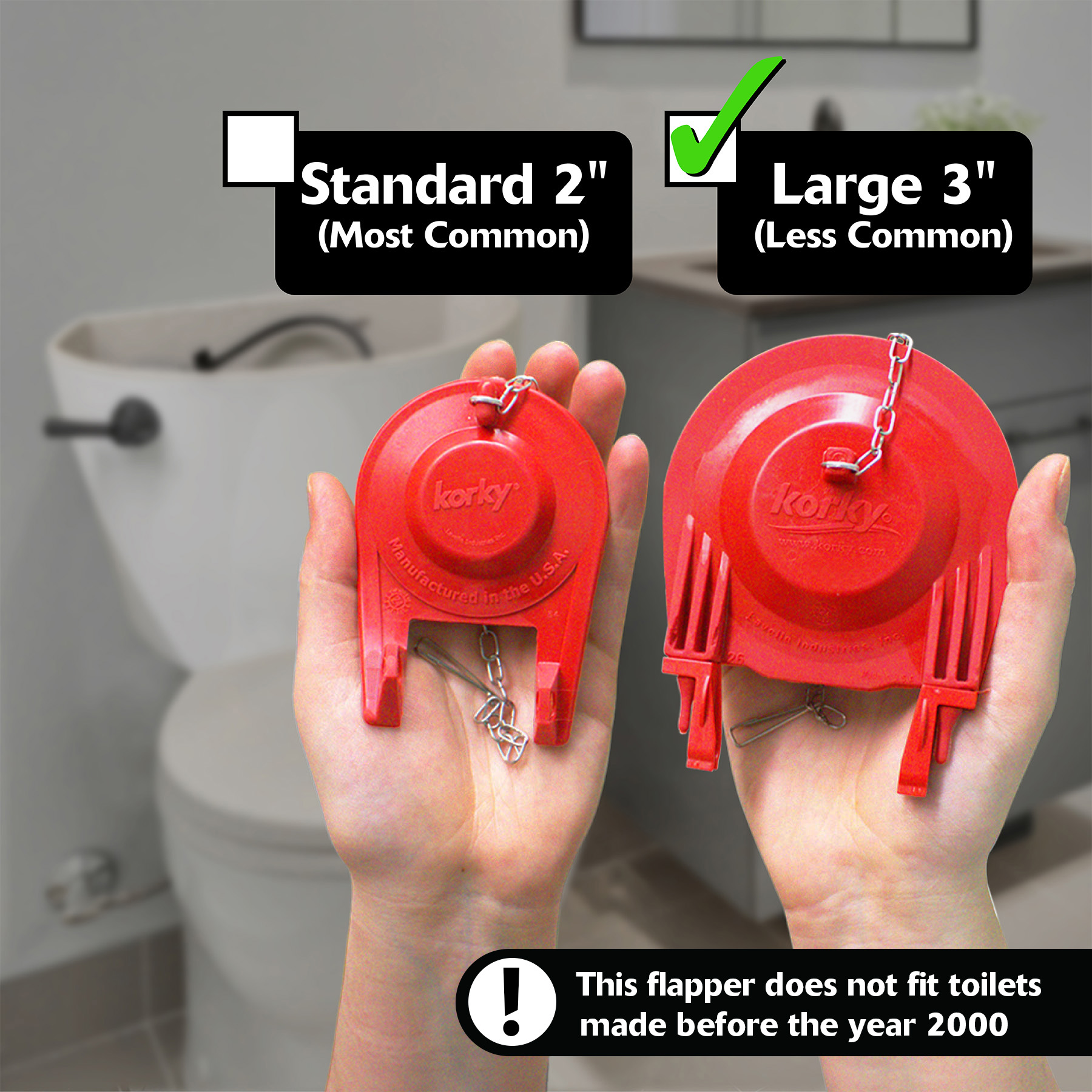 this image shows the difference between a standard 2 inch and large 3 inch toilet flapper