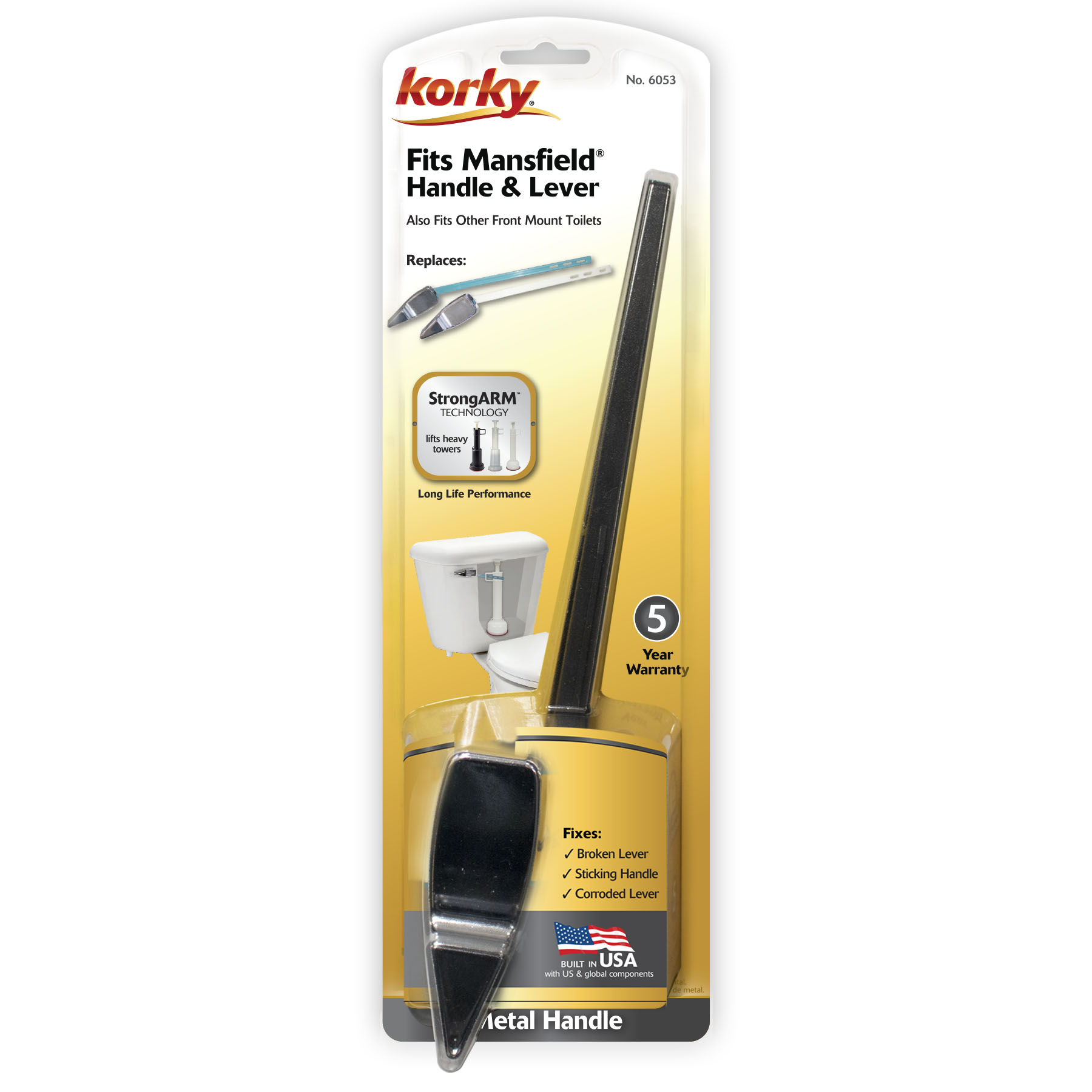 this image shows the fits mansfield toilet handle and lever inside of packaging