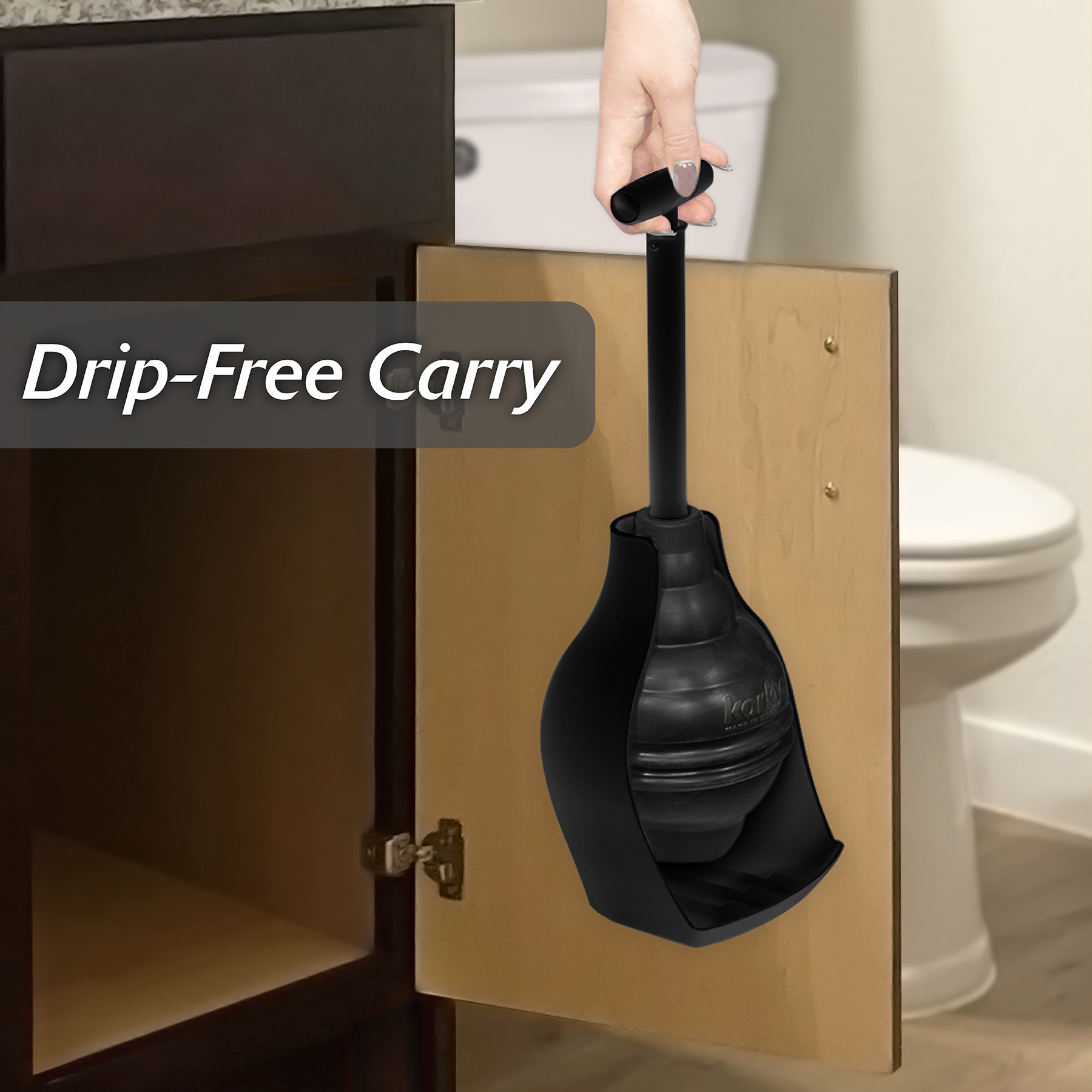 this image demonstrates that you can carry the plunger and holder without water dripping on the floor