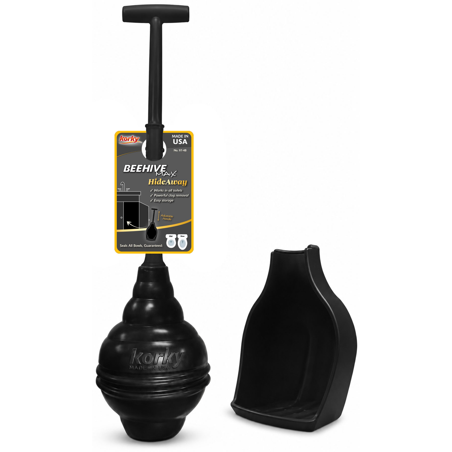 this image shows the black beehive max hideaway toilet plunger outside of the holder