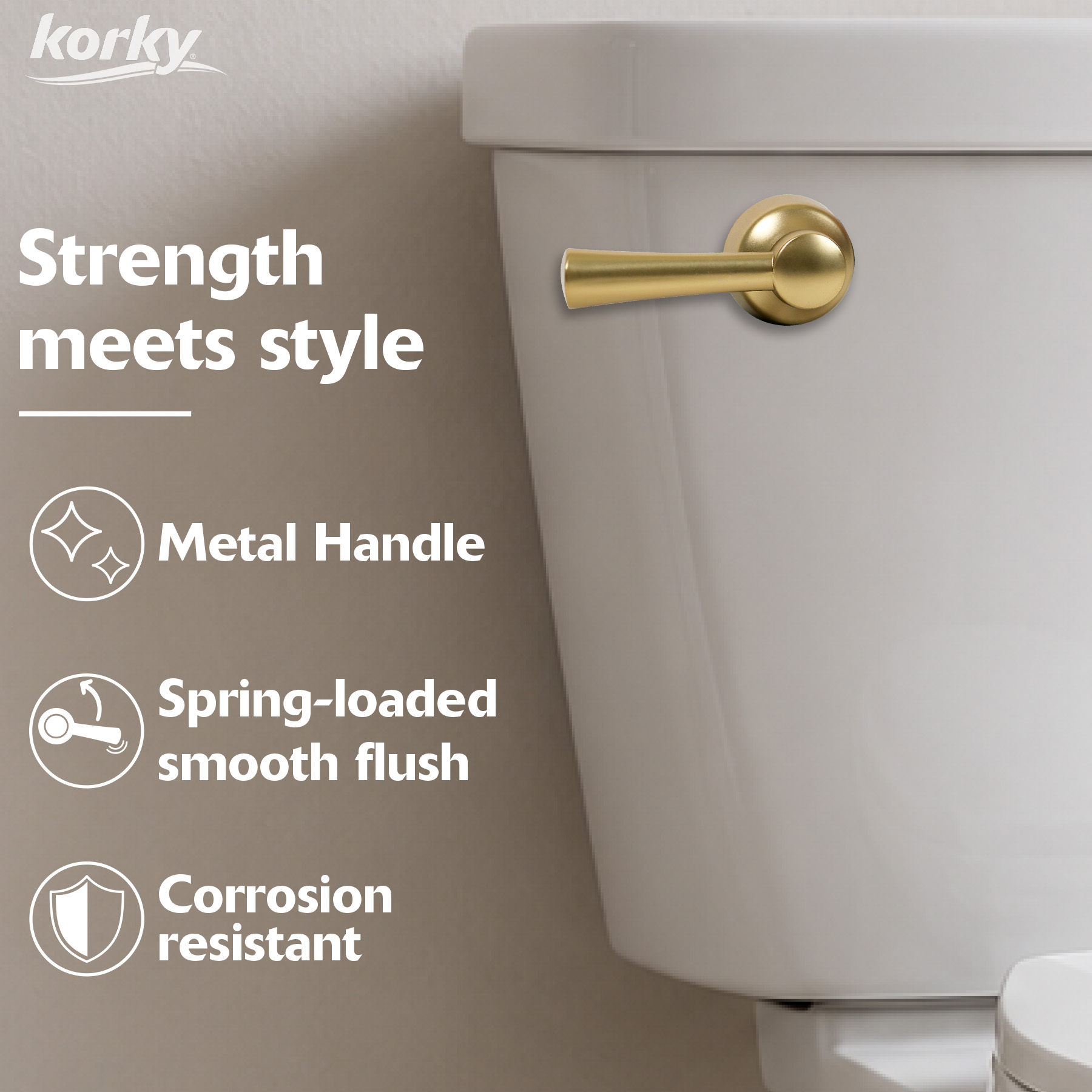 brushed gold toilet handle is made of metal that is corrosion resistant and has a smooth flush
