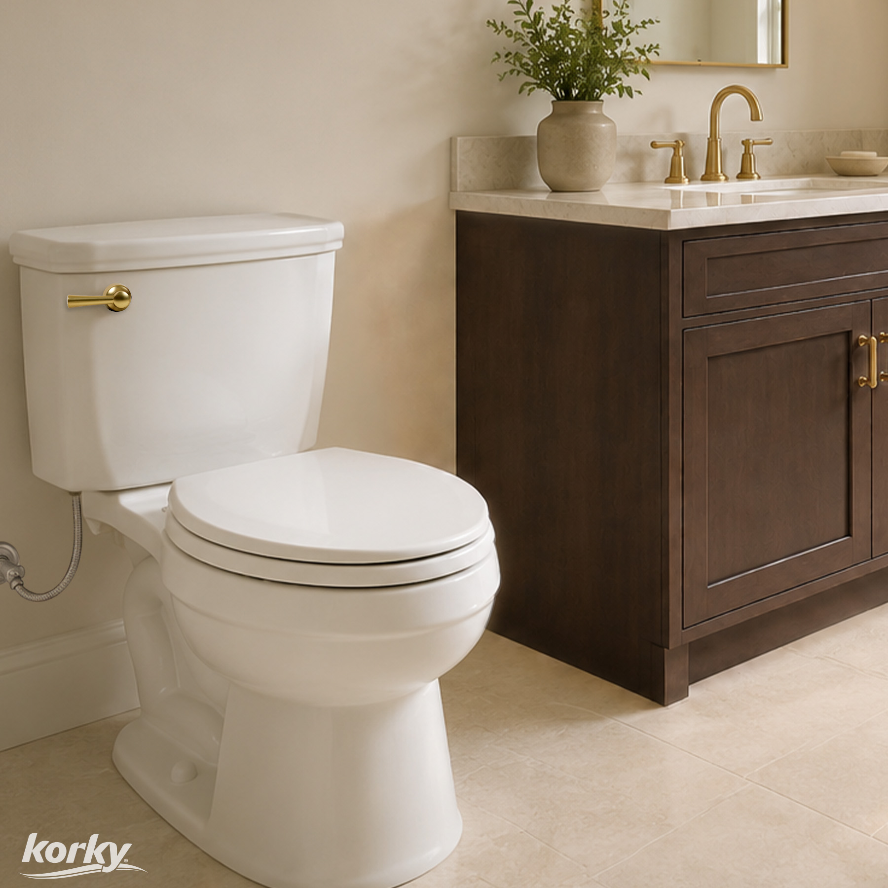 this image shows the gold toilet handle in a bathroom