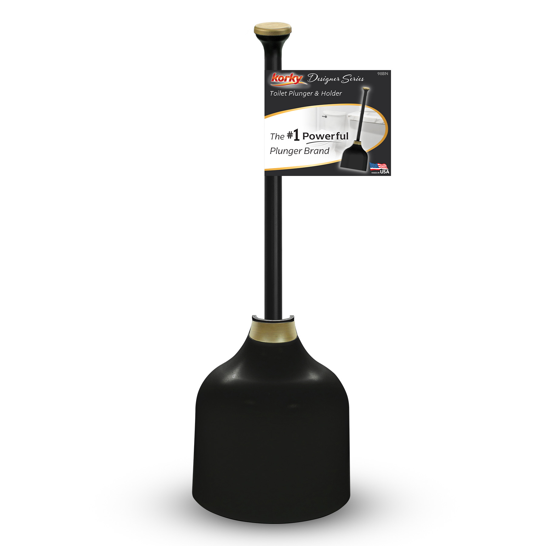 black designer series toilet plunger and holder with gold accents in packaging