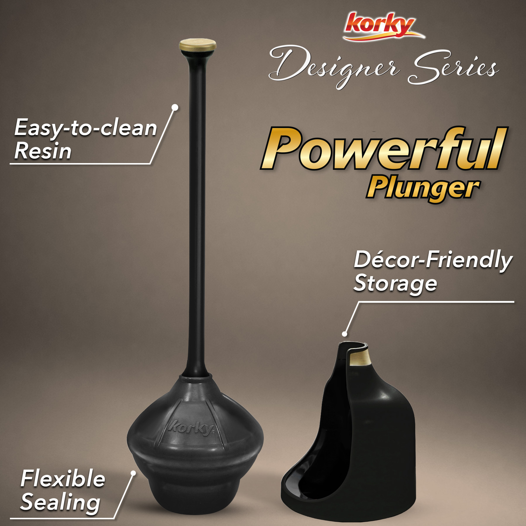 black and gold designer toilet plunger is made of easy to clean resin and has a flexible plunger head