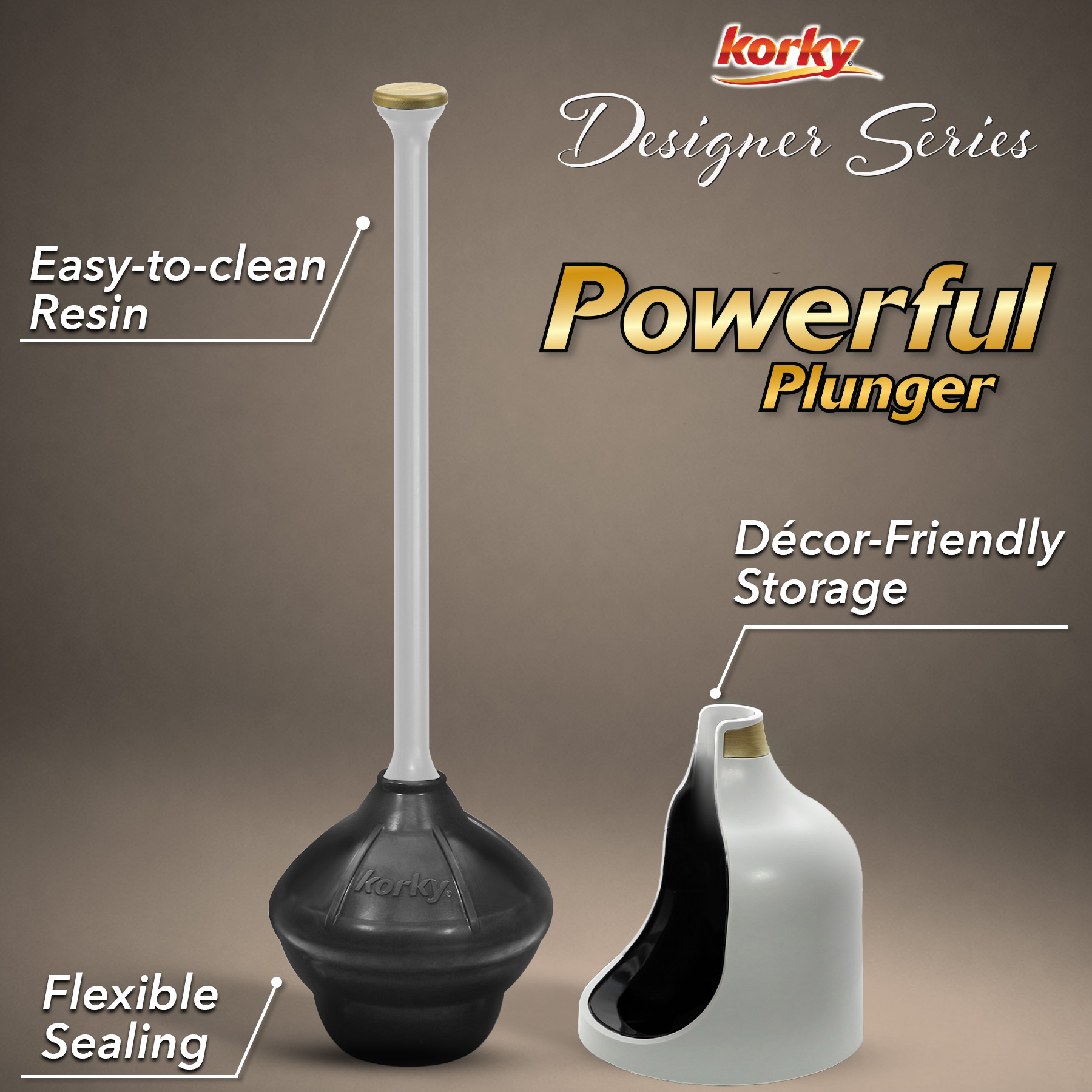 gray and gold designer series toilet plunger are made of easy to clean resin with a flexible rubber plunger head