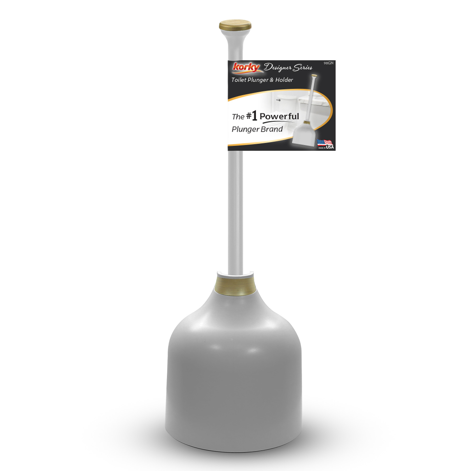 gray and gold designer series toilet plunger and holder in packaging