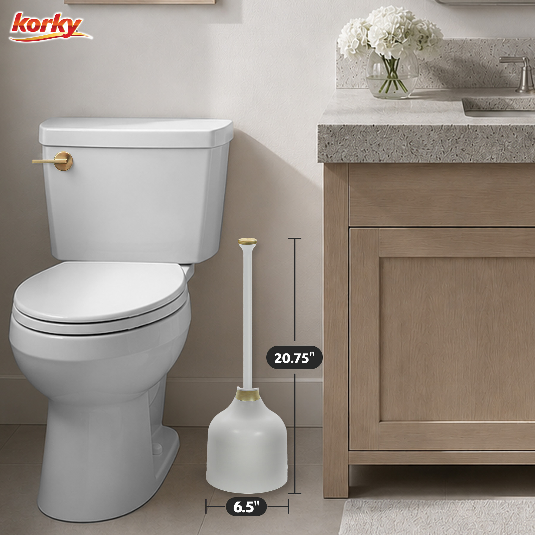 the designer series toilet plunger is twenty and three quarter inches tall and six and a half inches wide
