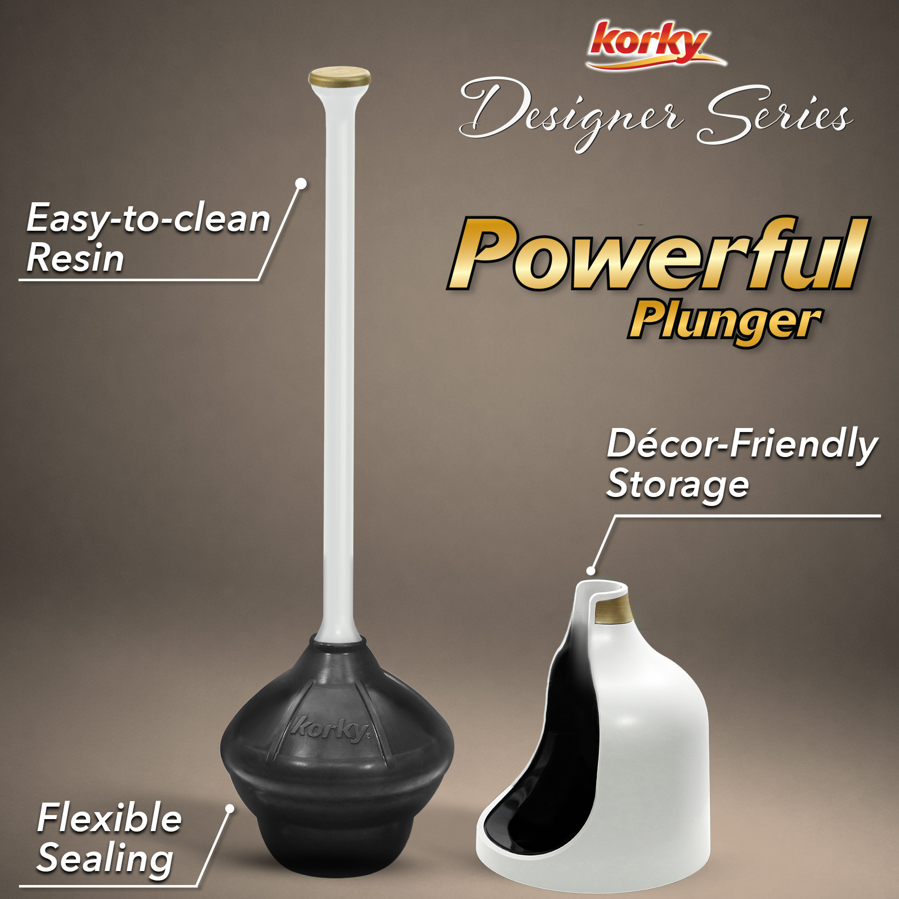 white and gold designer series toilet plunger and holder is made of easy to clean resin and features a flexible plunger head