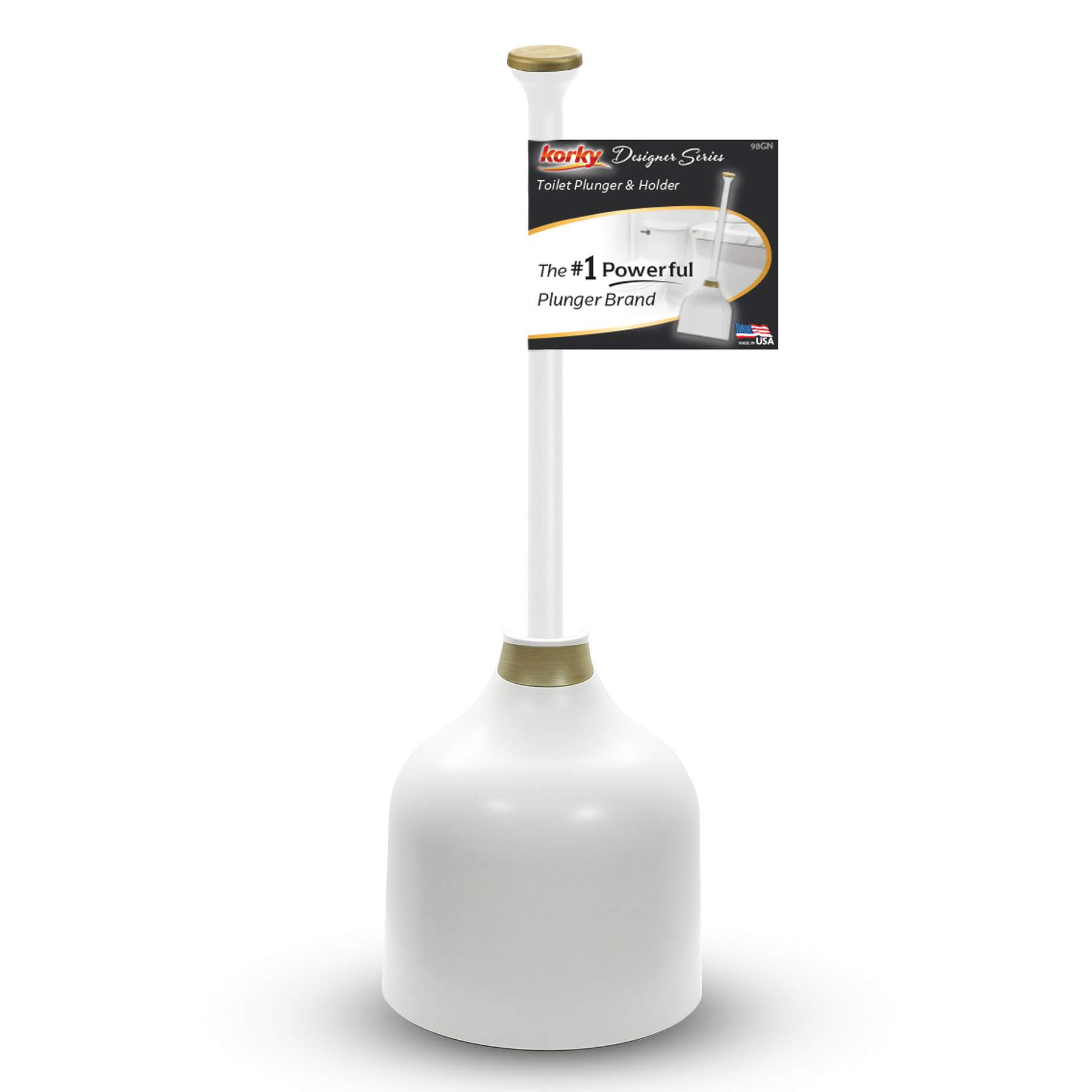 white and gold designer seriest toilet plunger and holder in packaging