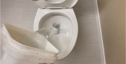 this image shows how to pour a bucket of water down a toilet bowl outlet